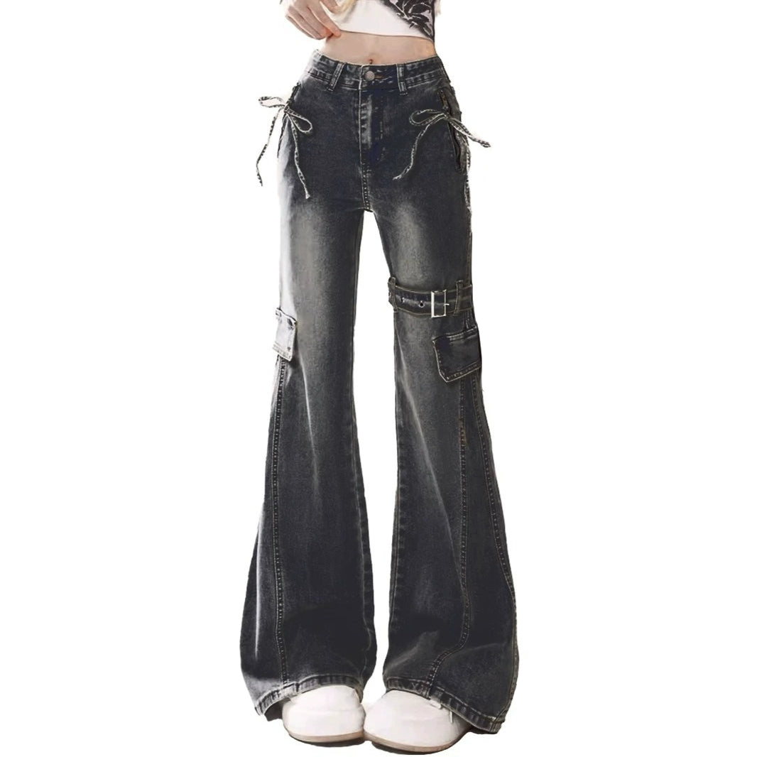 utility wide leg hip-lift jeans trendy fashion pants, black flare jeans blue bell bottoms fall winter jeans