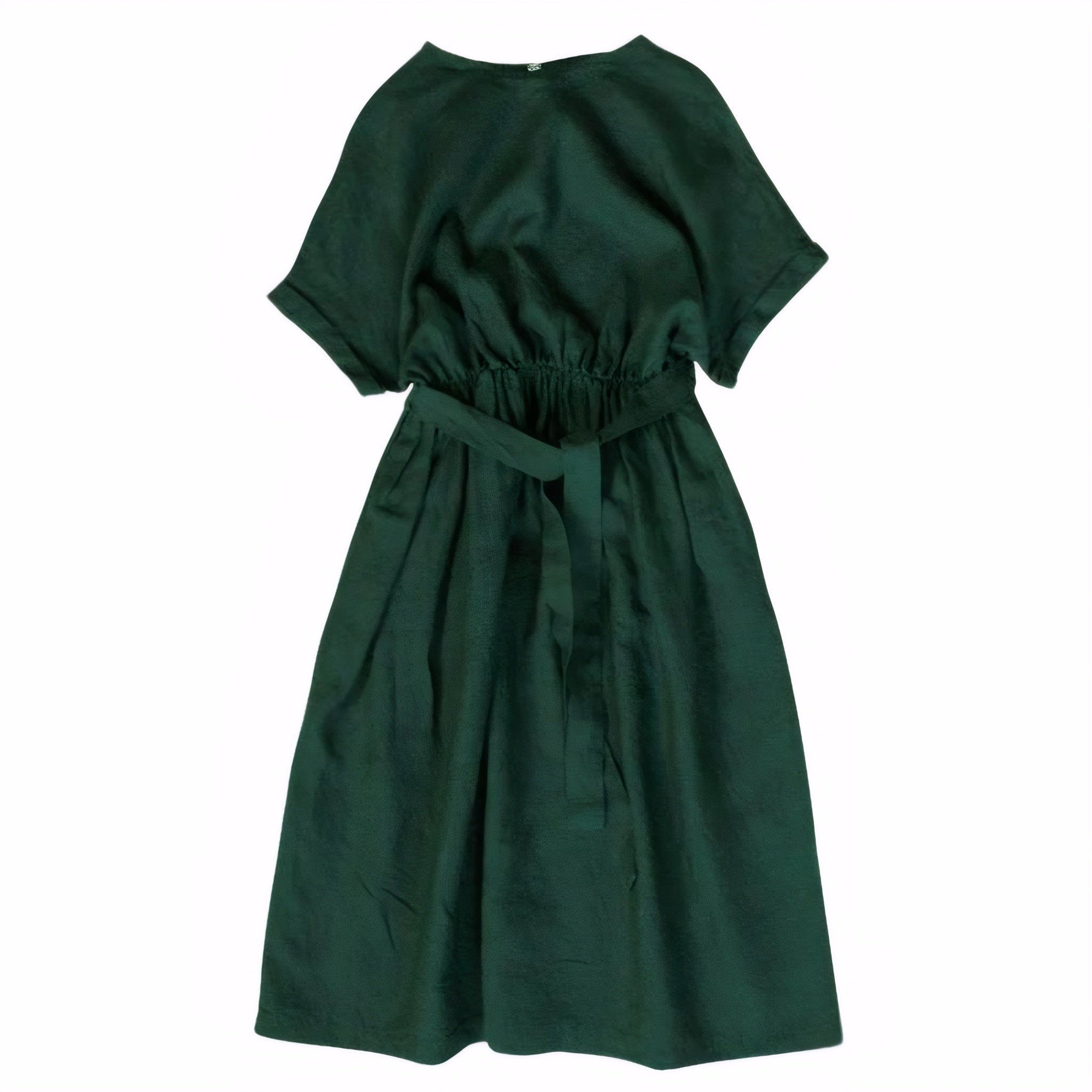 Dark green natural linen summer dress with elastic waist and belt