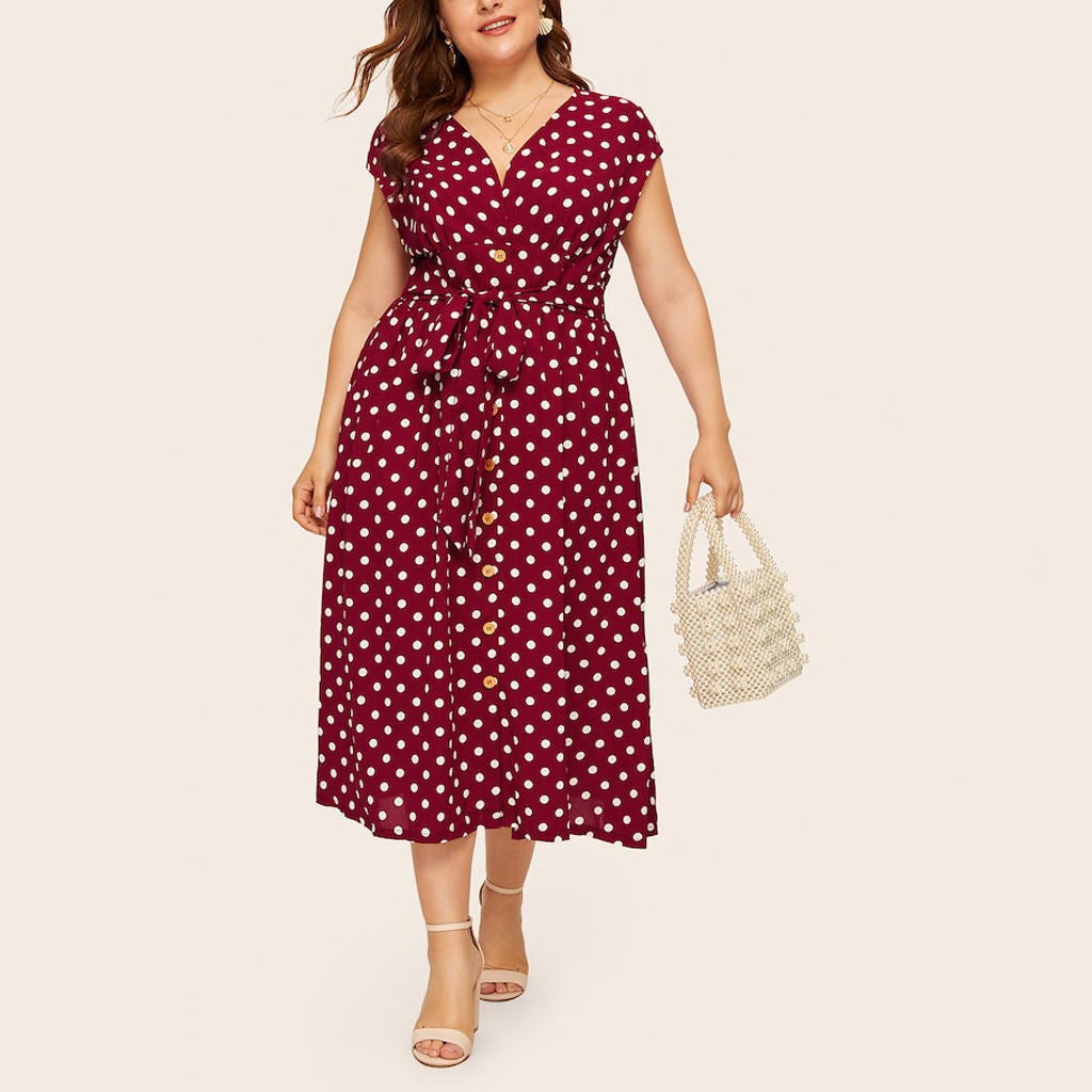 Polka Dot Button Down Dress for Women V-Neck Belted Waist Summer Midi Dress Plus Size