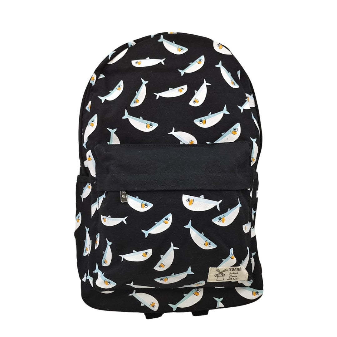 Cute Fish Print Canvas Backpack for Teens Student Lightweight School Travel Bag