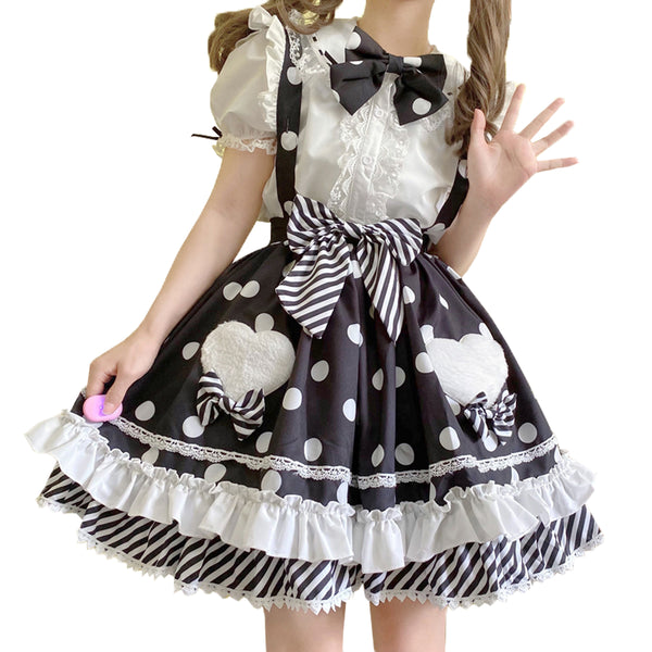 featuring heart-shaped pockets and puff sleeves black A-line skirt with bows