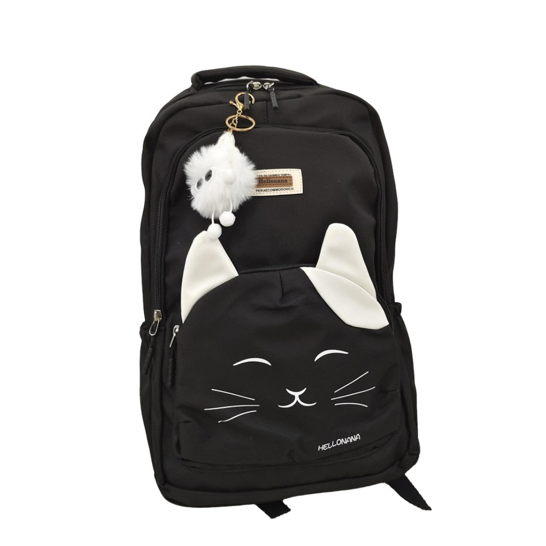 Black kawaii cat ear backpack with cute kitty face print, white plush keychain, and spacious compartments, size 16.5x11x5 inches