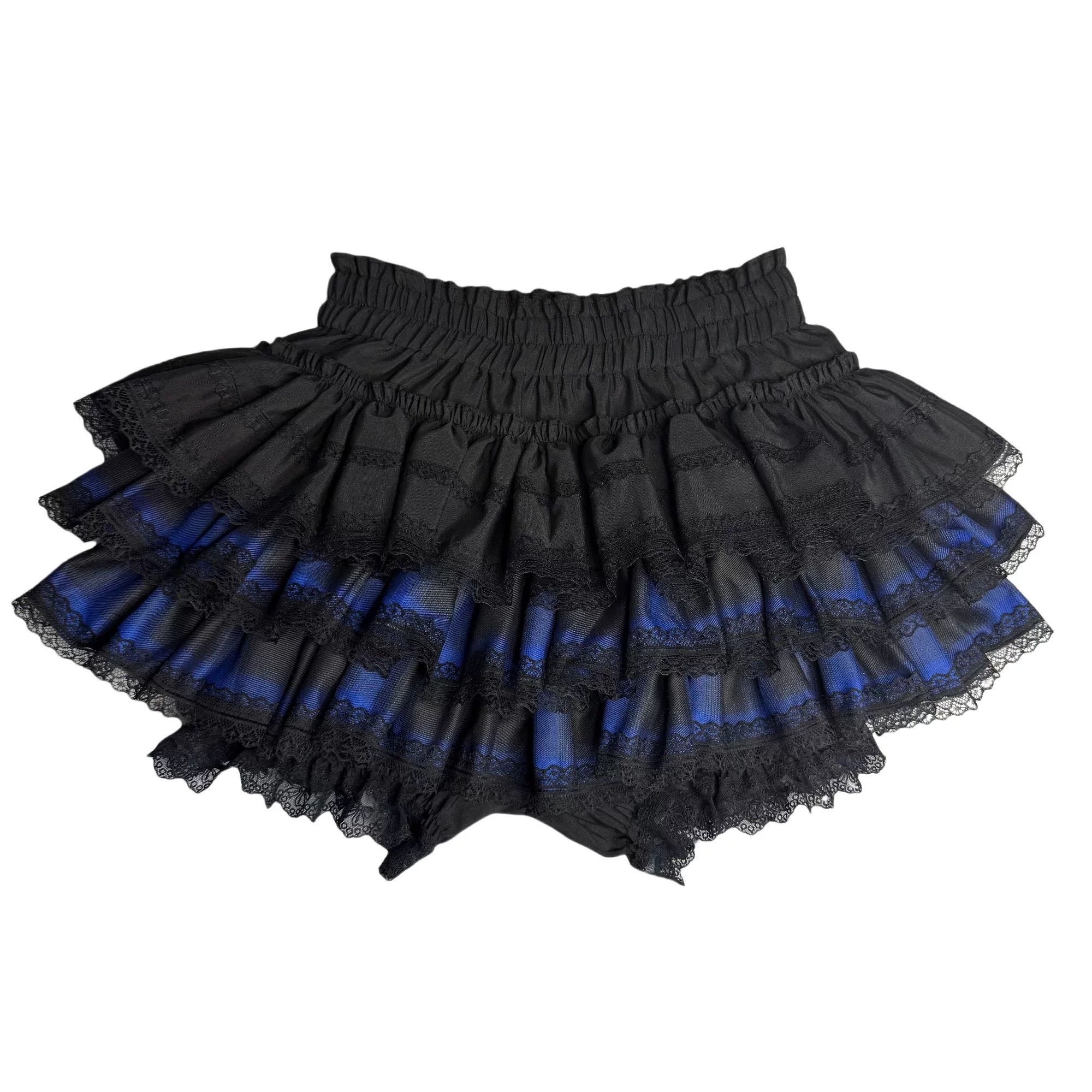 Blue striped lace-trimmed skort with flared silhouette