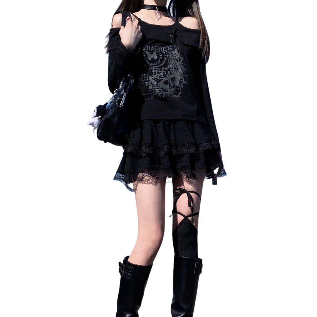 Gothic Off Shoulder Long Sleeve Top for Teens Slim Fit Black Blouse with Butterfly Print Y2K Sweet Punk Aesthetic