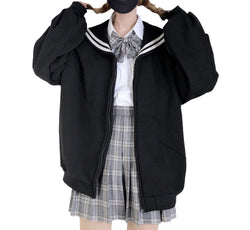 woman's navy sailor collar loose cotton jacket black with zipper