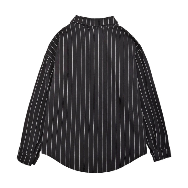 Back view of black vertical stripe cotton polyester shirt