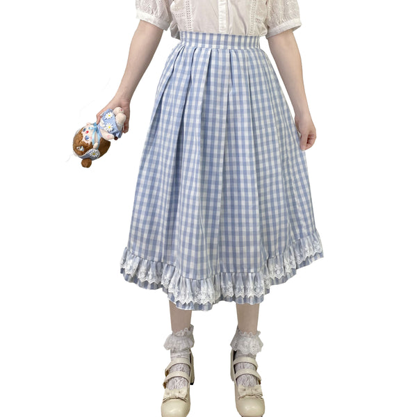 Blue good quality plaid pleated sweet skirt with lace edge
