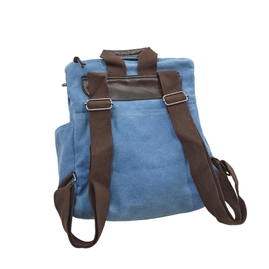 Clearance Blue Canvas Backpack with Brown Straps Casual Travel & School Bag