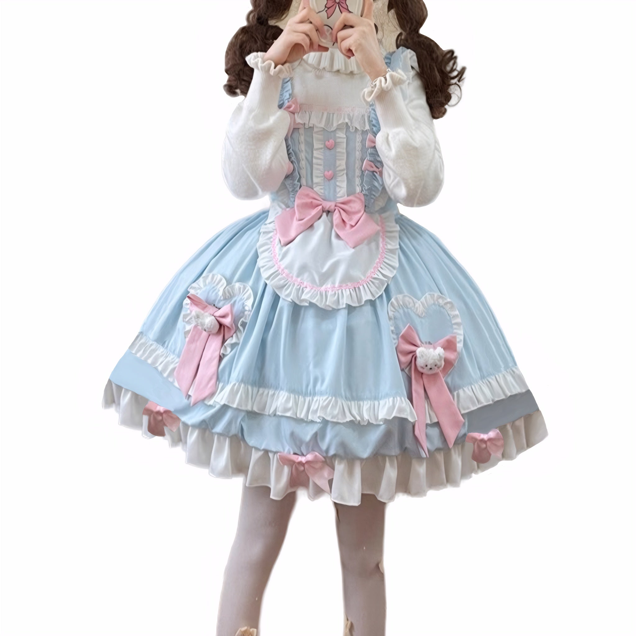 blue fantasy costume lolita midi dress with heart shape pockets and bows