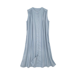 Women’s sleeveless button-down linen dress in dusty blue grey, soft flowy fit