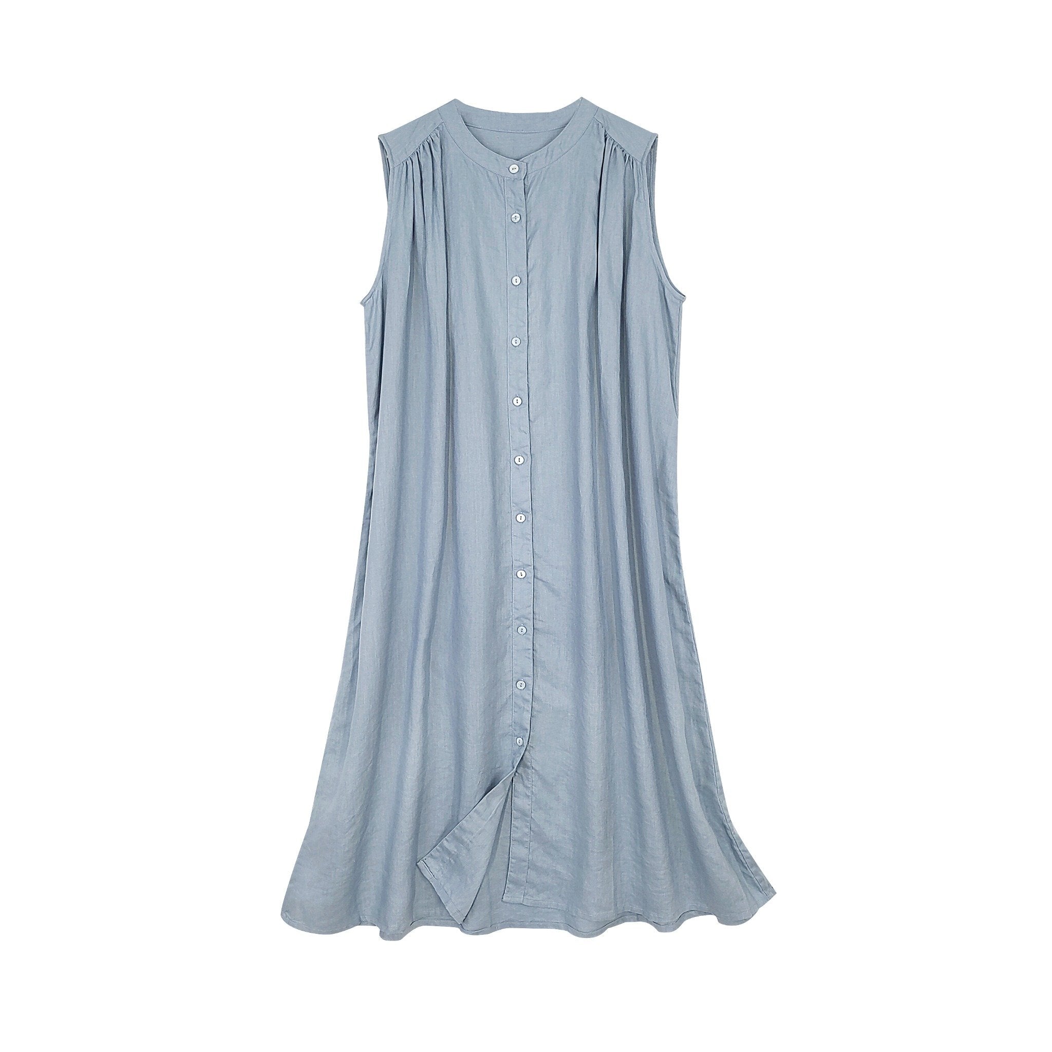 Women’s sleeveless button-down linen dress in dusty blue grey, soft flowy fit