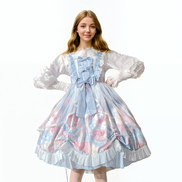 lovely blue angel pattern cosplay lolita party dress with bows for sweet girls