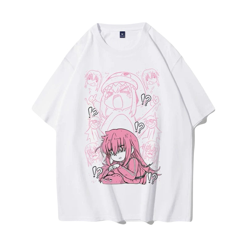 White anime tee with pink haired girl and shocked background characters