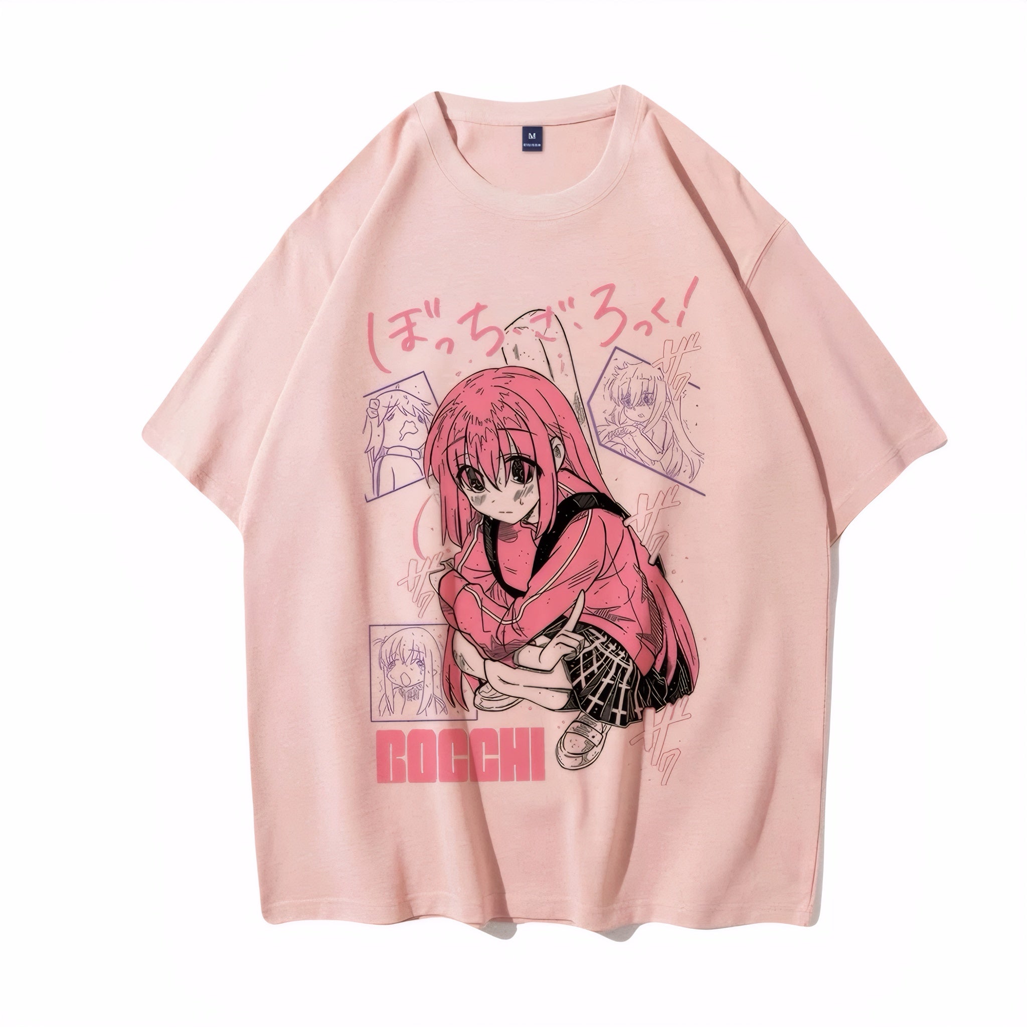 Pink T-shirt with sad anime girl and comic effect illustrations summer short sleeve tee, unisex anime top