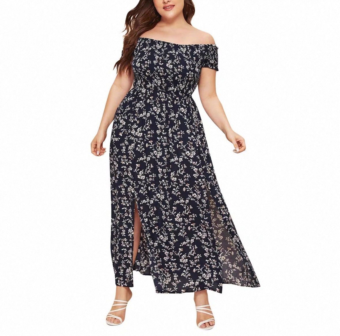 XXL XXXL 4XL plus size beach dress red navy white flower dress,stretchy ruffle sleeve maxi women’s vacation off shoulder dress