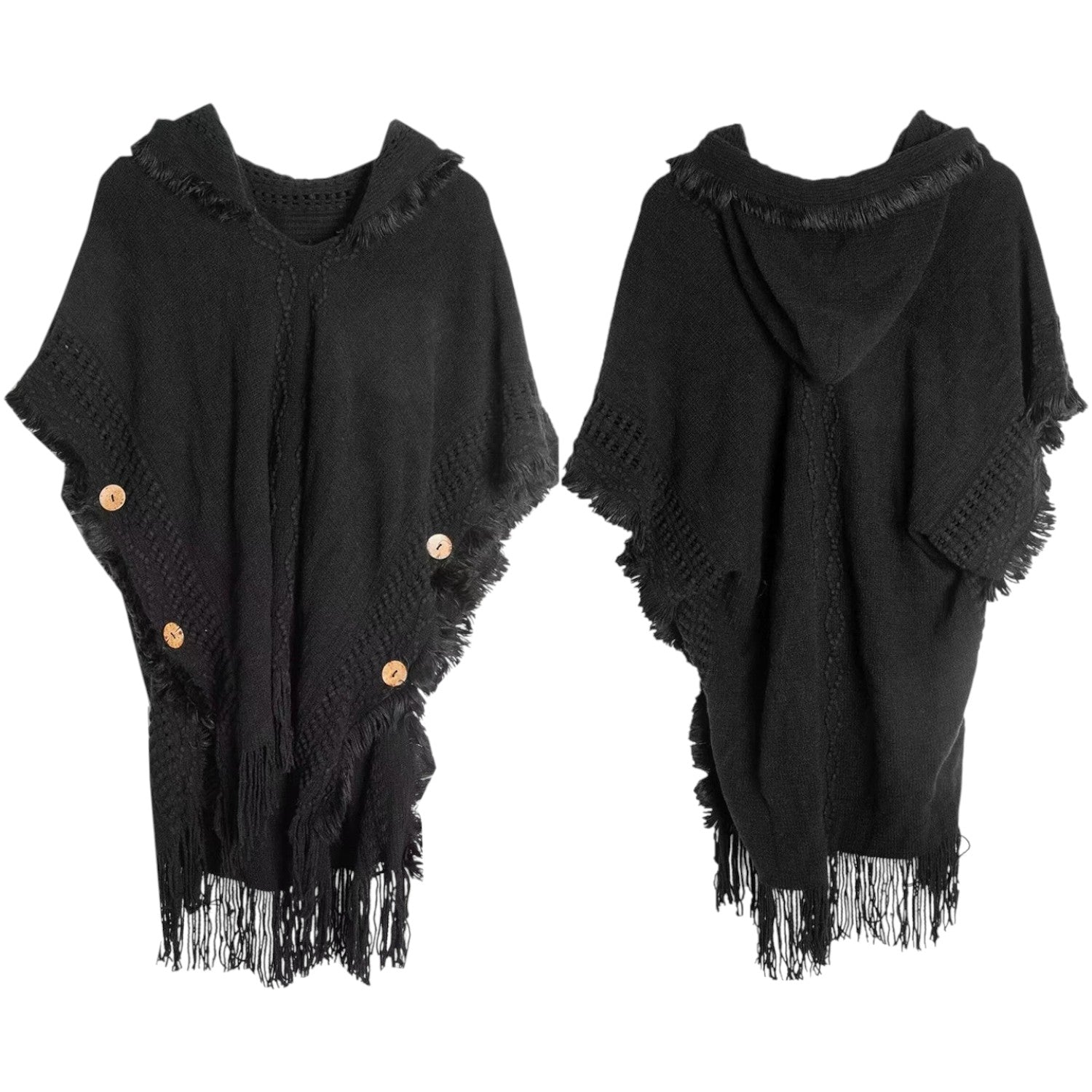 Black oversized fringed knit cape with buttons