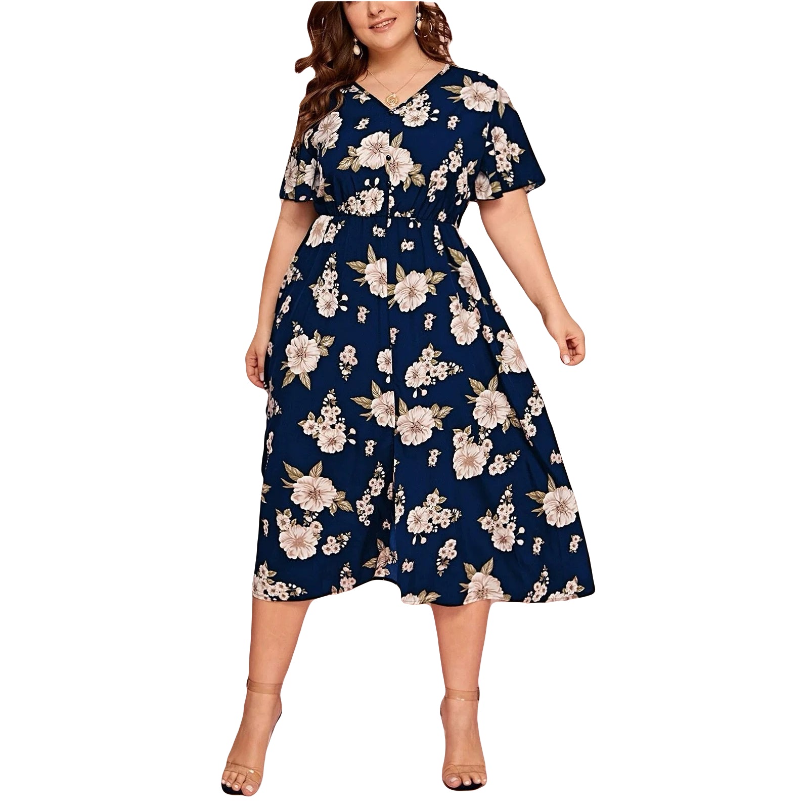 Plus size floral chiffon midi dress with V-neck, elastic waist and front slit – summer short sleeve dress for curvy women
