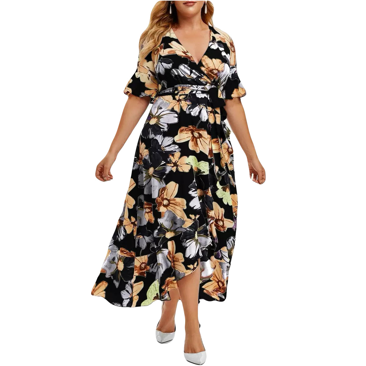 3 colors bohemian dress L to 4XL women’s casual printed sundress,high low hem wrap look dress