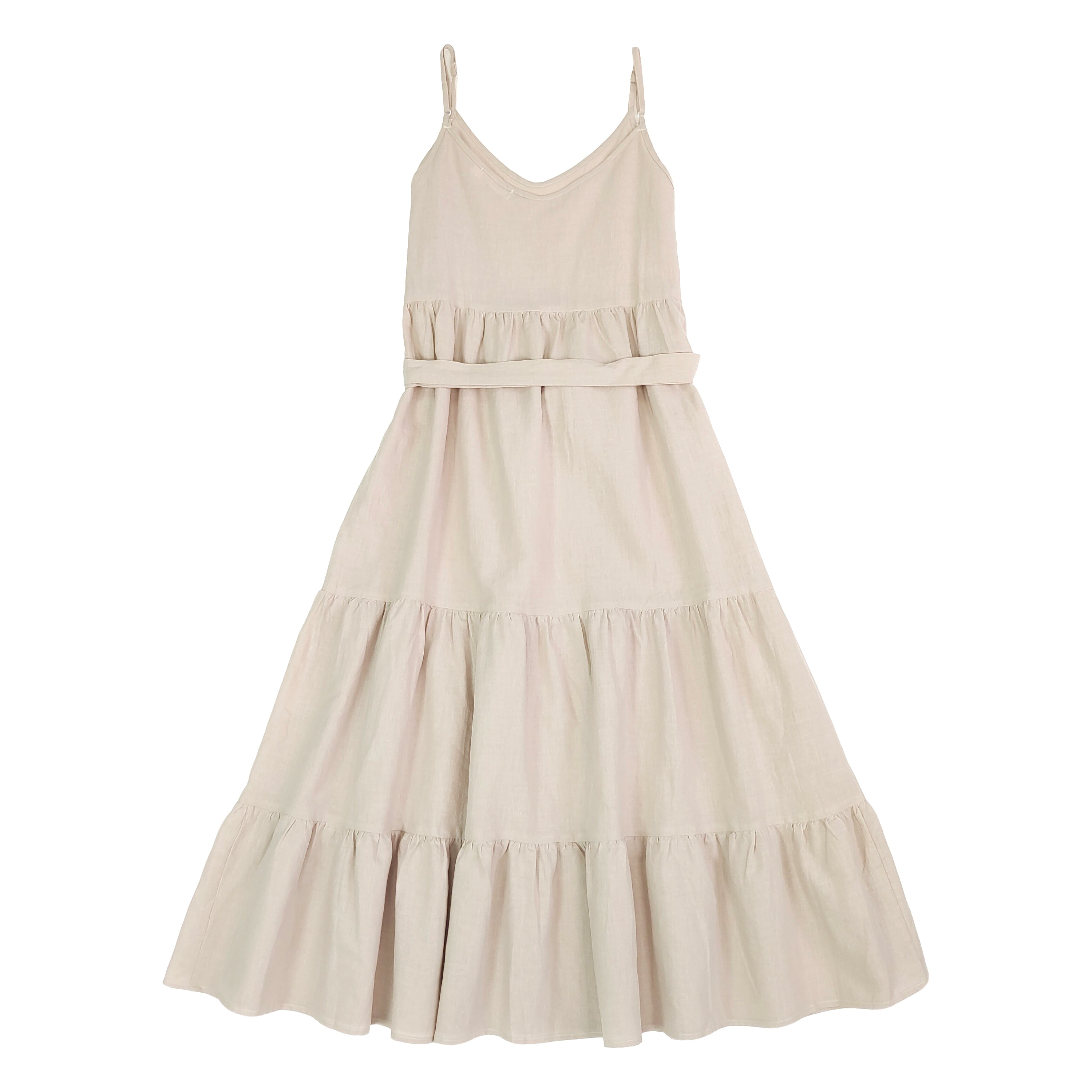 Linen Maxi Dress Spaghetti Strap Sleeveless Summer Long Dress Boho Vacation Style Tiered Sundress with Belt