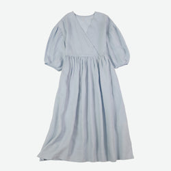 100% Linen Puff Sleeve Wrap Dress V-Neck 3/4 Sleeve Midi Long Dress Vintage Boho Style