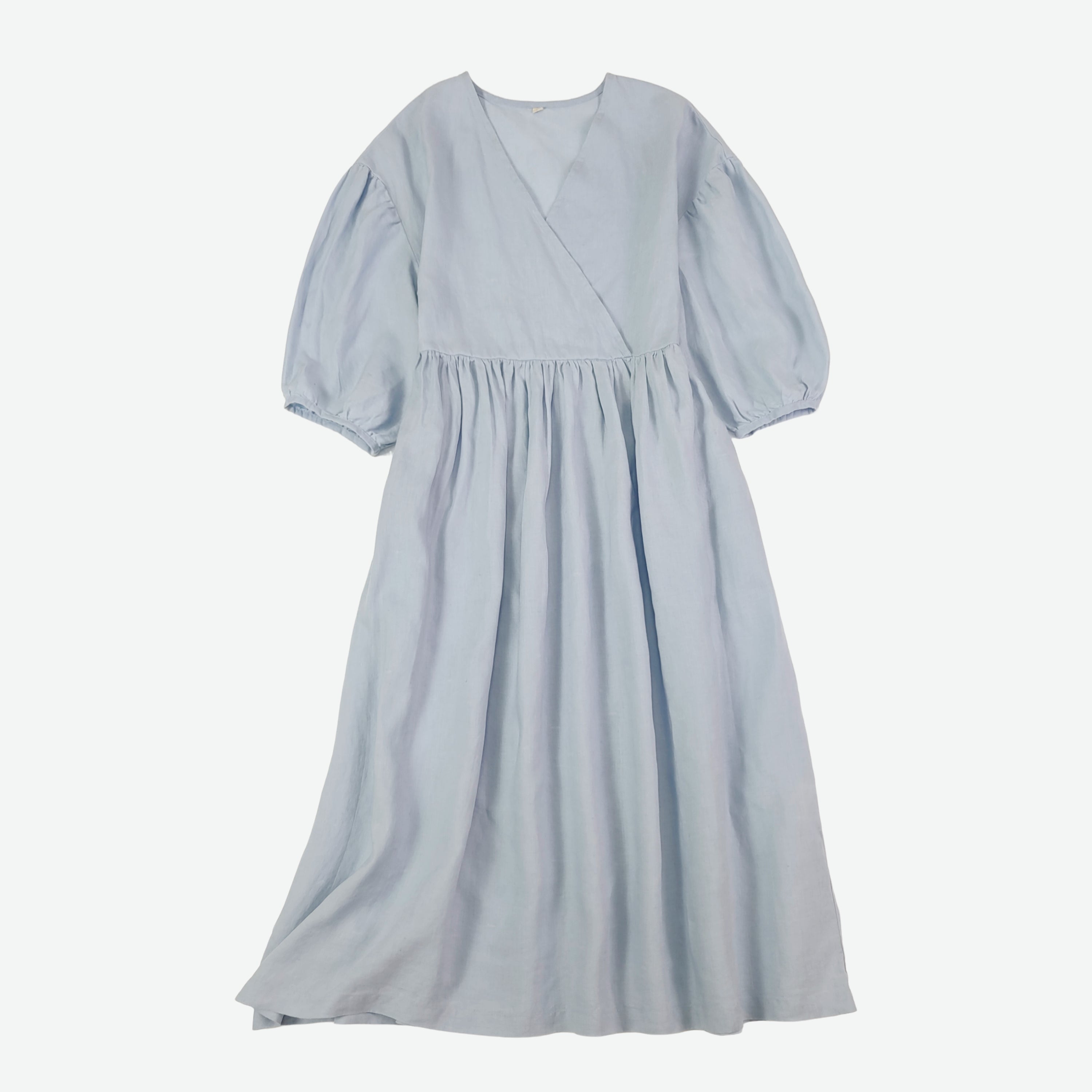 100% Linen Puff Sleeve Wrap Dress V-Neck 3/4 Sleeve Midi Long Dress Vintage Boho Style