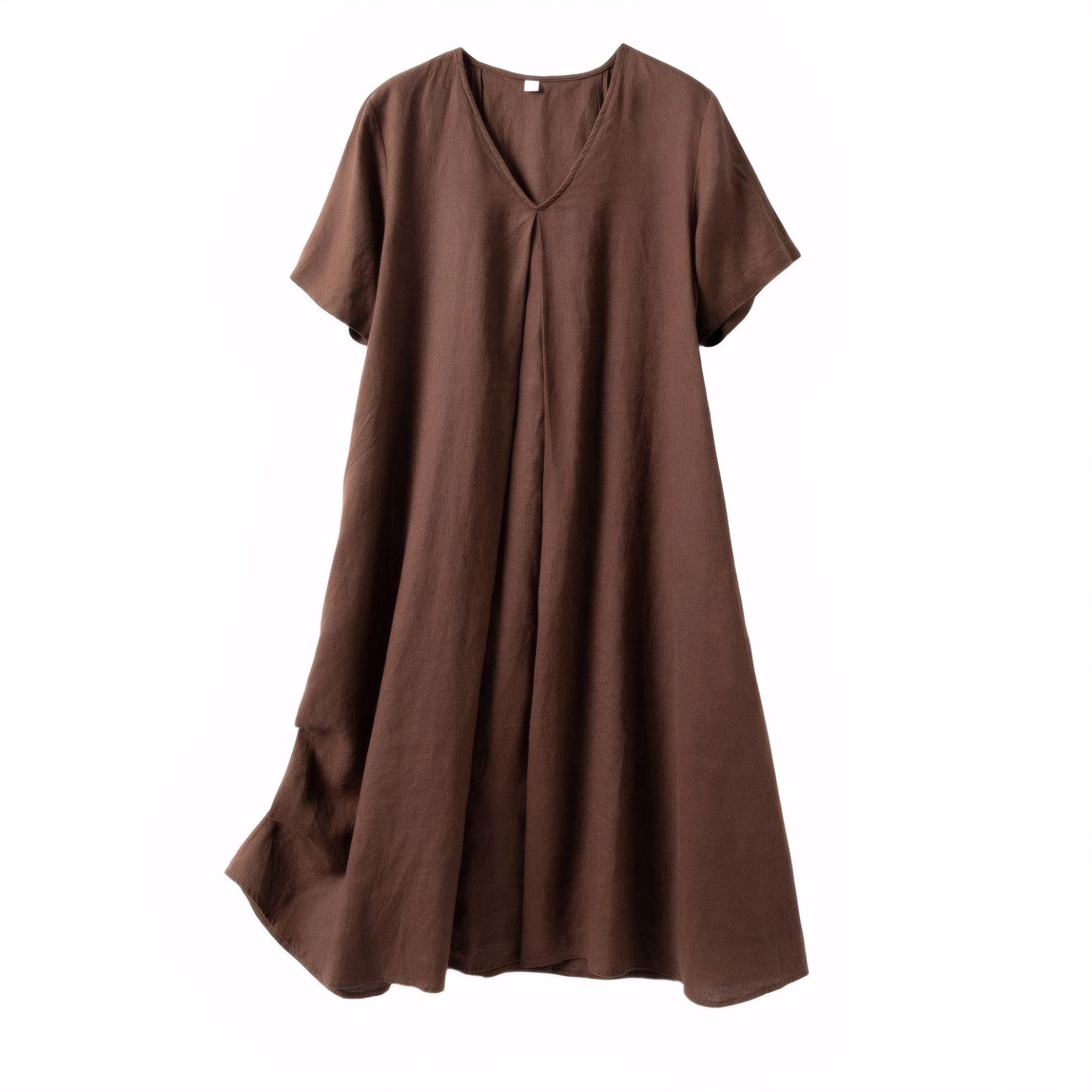 Brown linen dress full front view with flared A-line hem and short sleeves
