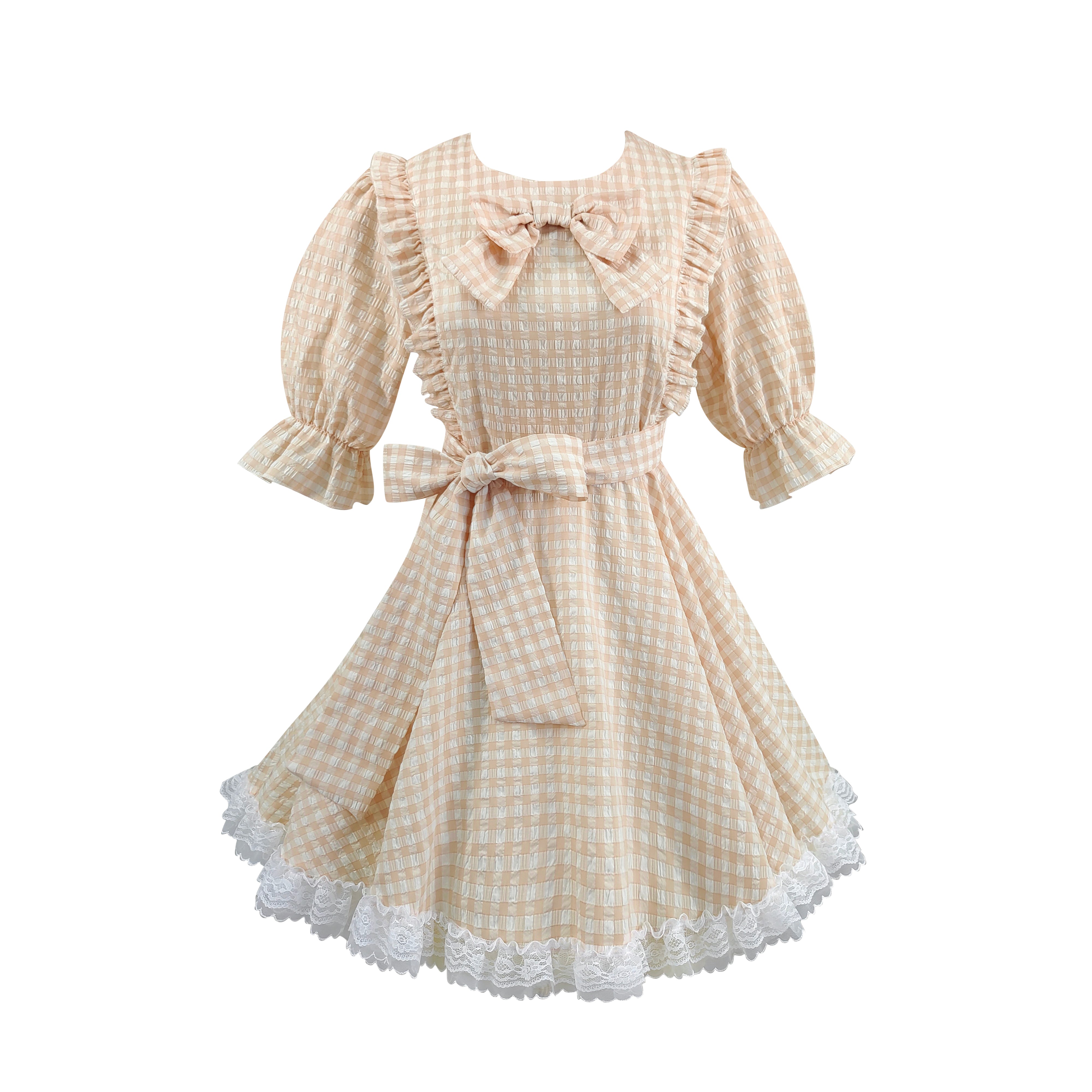 yellow plaid A-line dress with sweet ribbon and lace details kawaii gingham dress