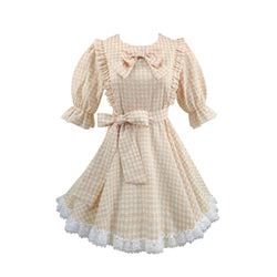 yellow plaid A-line dress with sweet ribbon and lace details kawaii gingham dress