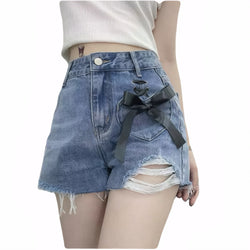 Blue Distressed Denim Hot Pants with Bow Detail and Heart Pocket