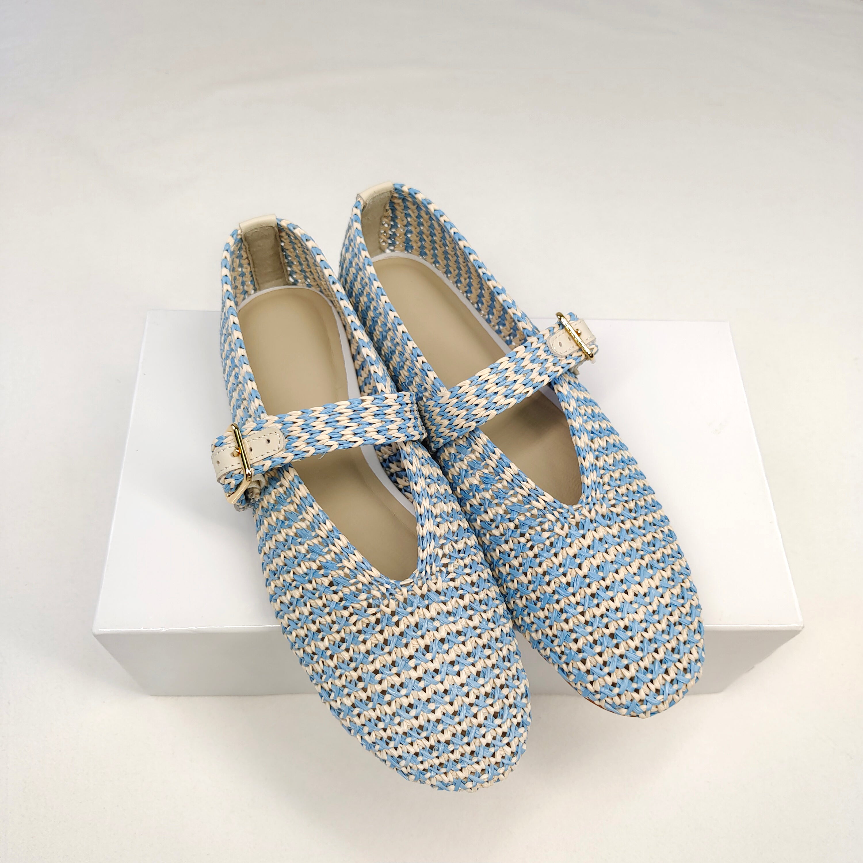 Handmade Woven Mary Jane Flats Women Colorful Knit Design PP Upper Ballet Shoes