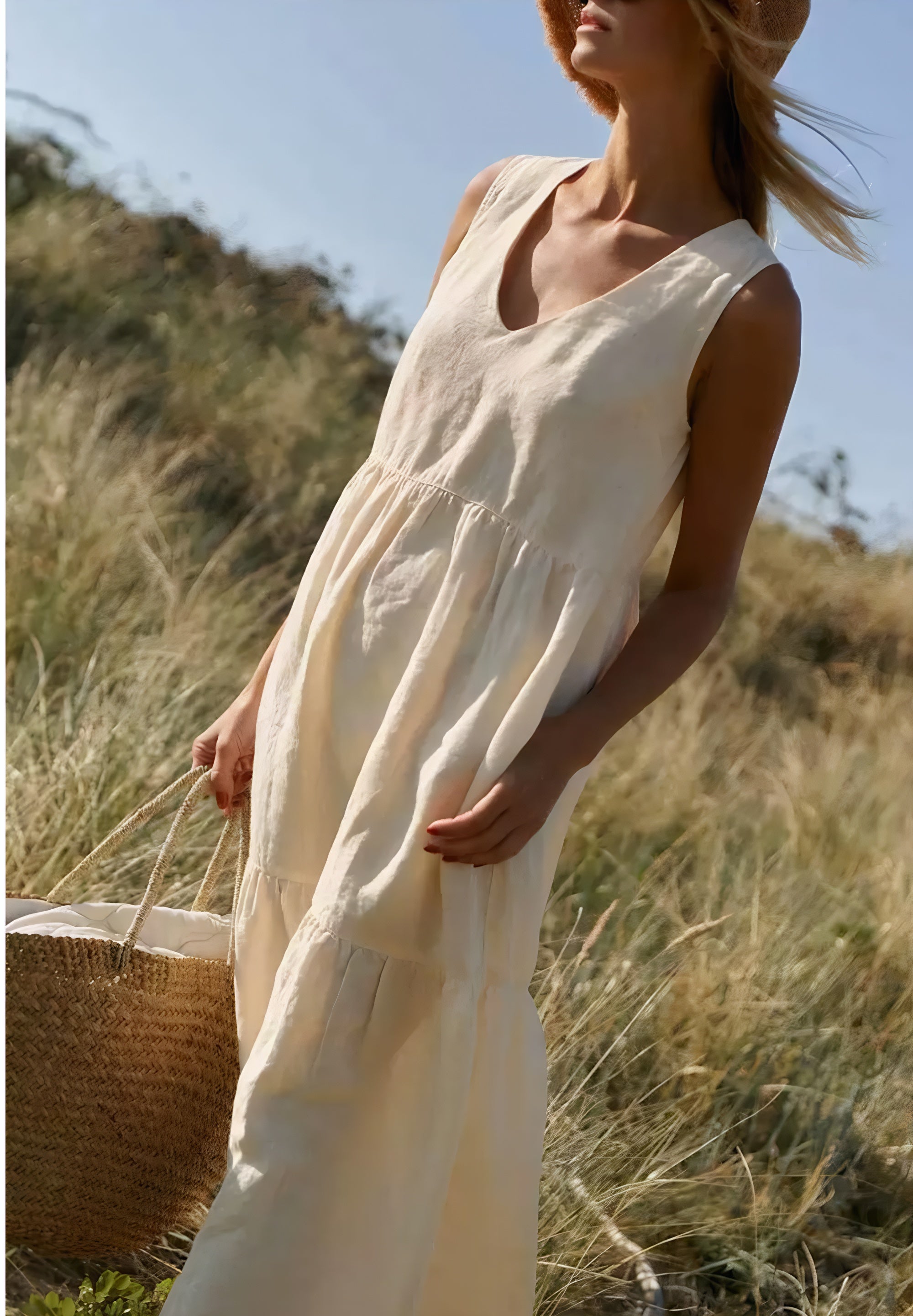 Women’s Cotton Tiered Maxi Dress Elegant V-Neck Sleeveless Long Summer Sundress Loose Fit Cake Hem Casual Vacation Outfit