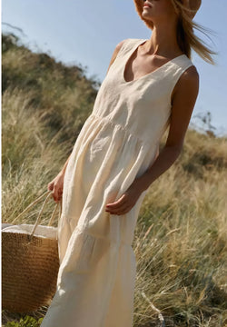 Women’s Cotton Tiered Maxi Dress Elegant V-Neck Sleeveless Long Summer Sundress Loose Fit Cake Hem Casual Vacation Outfit