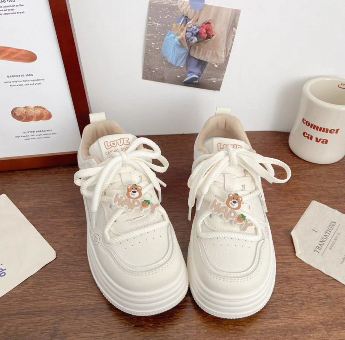 Cute Bear Platform Sneakers for Women 2025 Spring PU Leather Casual Shoes