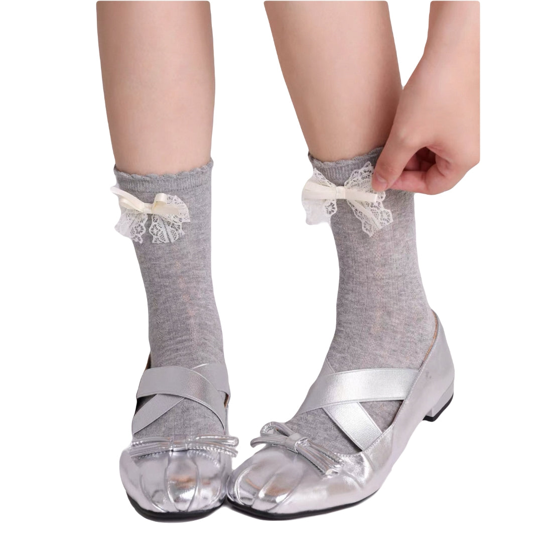 Gray lace bow summer socks breathable cotton