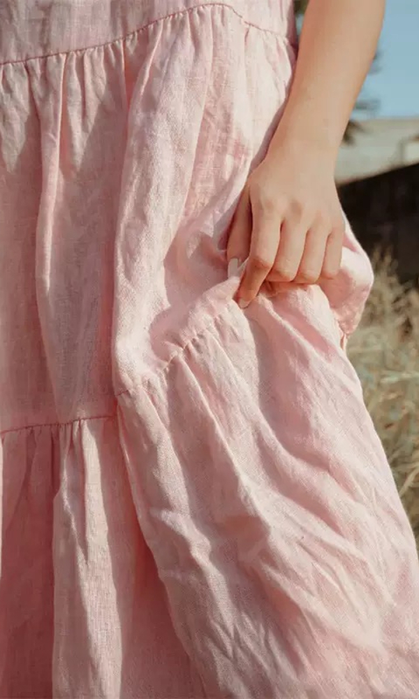 Women’s Summer Linen Sleeveless A-Line Dress Pink Casual Tiered Midi Sundress