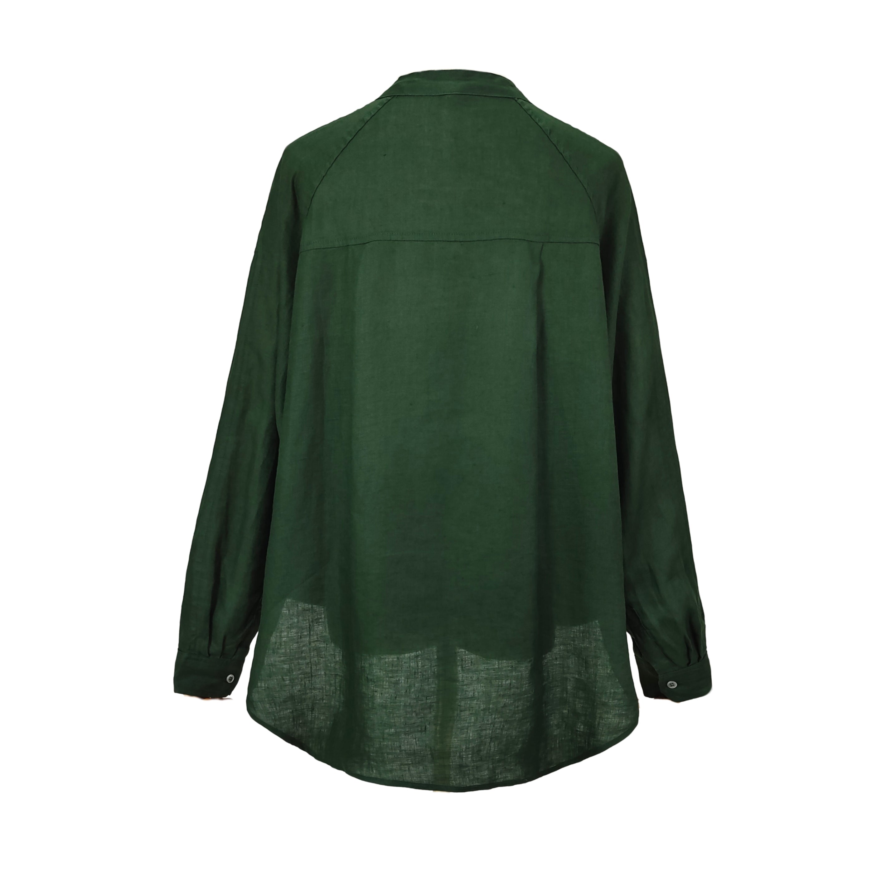 Forest green pure linen button down shirt with chest pocket and round hem