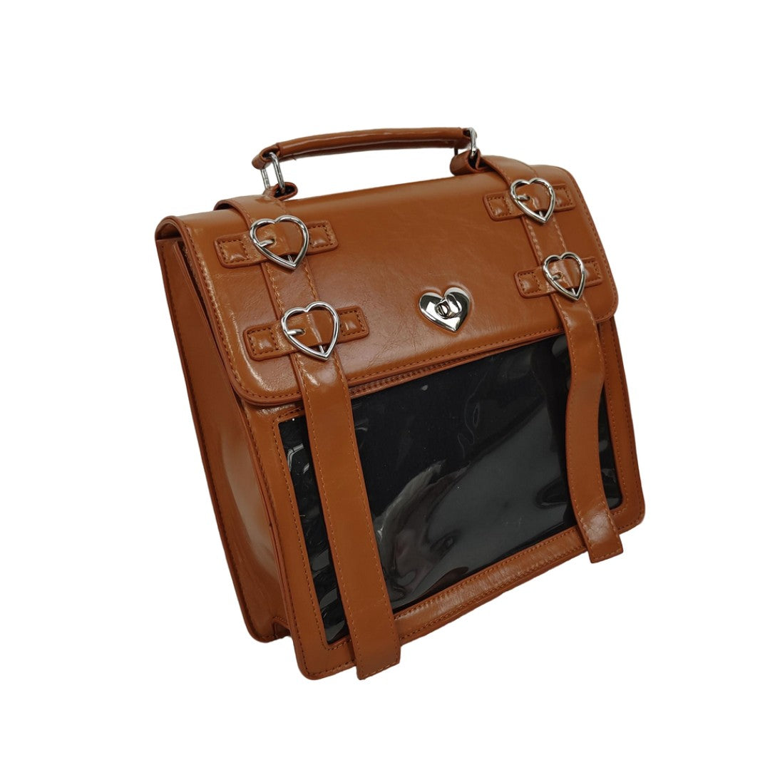 Kawaii Heart Buckle PU Leather Ita Bag Brown Satchel Backpack Cute Transparent Window Display Bag