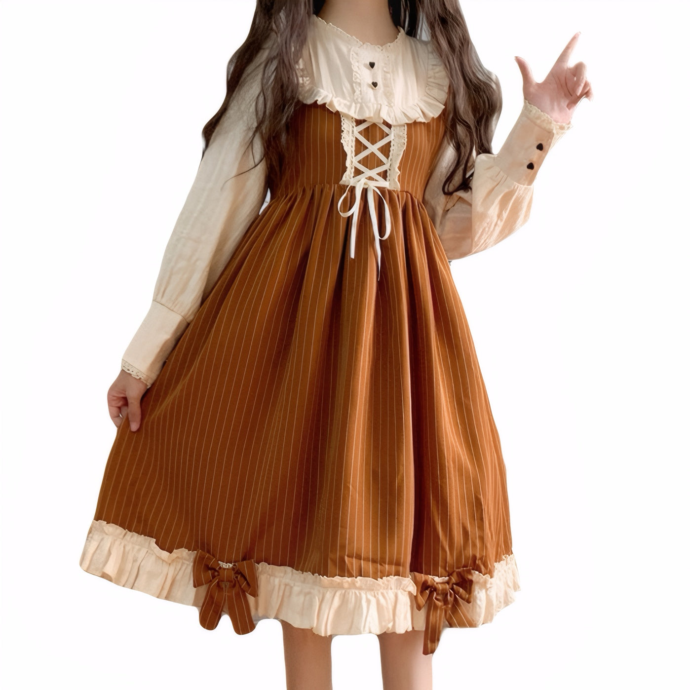 lolita vintage dress japanese striped pinafore, retro apron dress sweet girl outfit, puff sleeve prairie dress