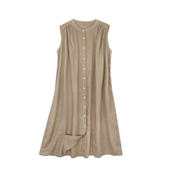 Casual brown sleeveless linen blend summer dress with buttons and gathered shoulders