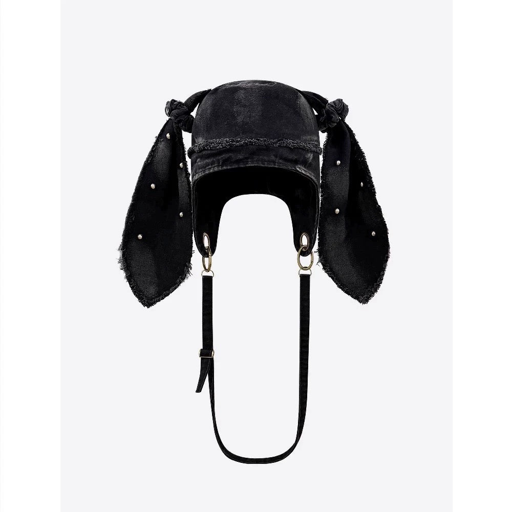 Black Frayed Denim Bunny Ear Hat Bag