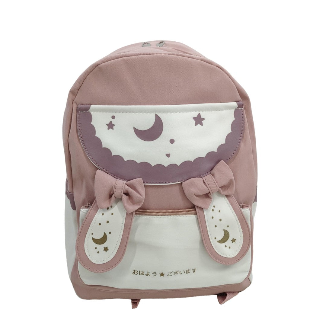 Front view of pink backpack with moon, stars, bows, and bunny ear details