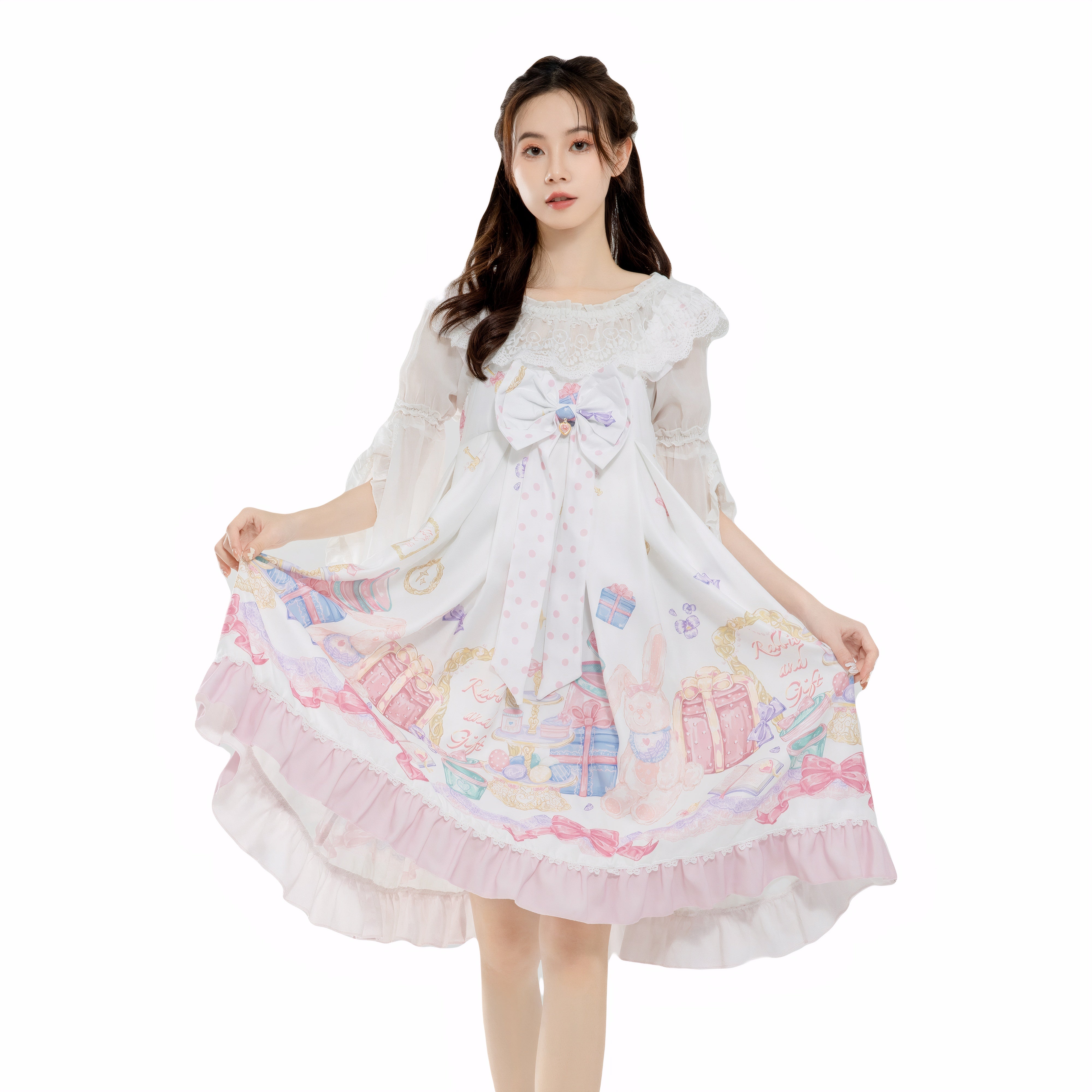 White kawaii Lolita dress with pastel bunny and gift prints, large bowknot, lace sleeves, square neckline, and ruffle hem