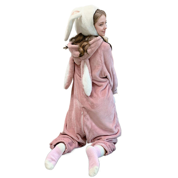 Cute Fleece Warm One Piece Jumpsuit Kawaii Soft Fluffy Hooded Non Footed Pajama Plush Zip Up Hoodie Sleepwear Pj for Women Cartoon Animal Bunny Ears Halloween Onesie Adult Cosplay Sleepwear Adult Pink Rabbit Pajamas Overalls