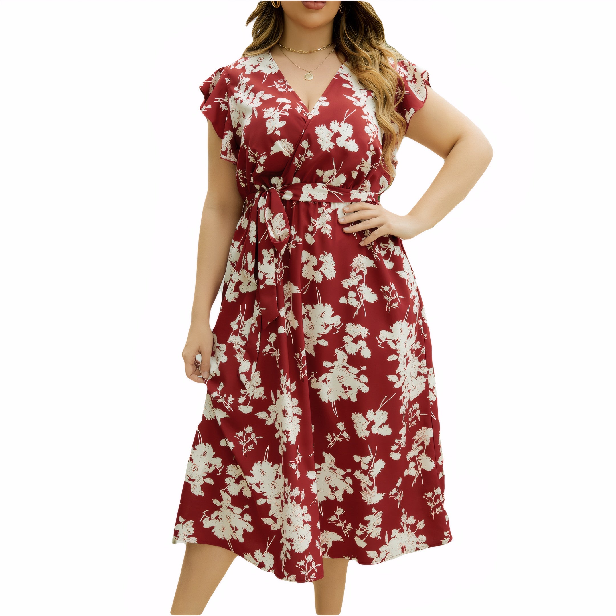 Plus size burgundy floral V-neck midi dress with waist tie, flutter sleeves and loose fit – summer boho style