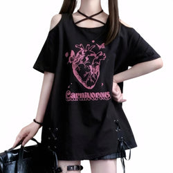 Y2K gothic T-shirt dress with cold shoulder and butterfly graphic