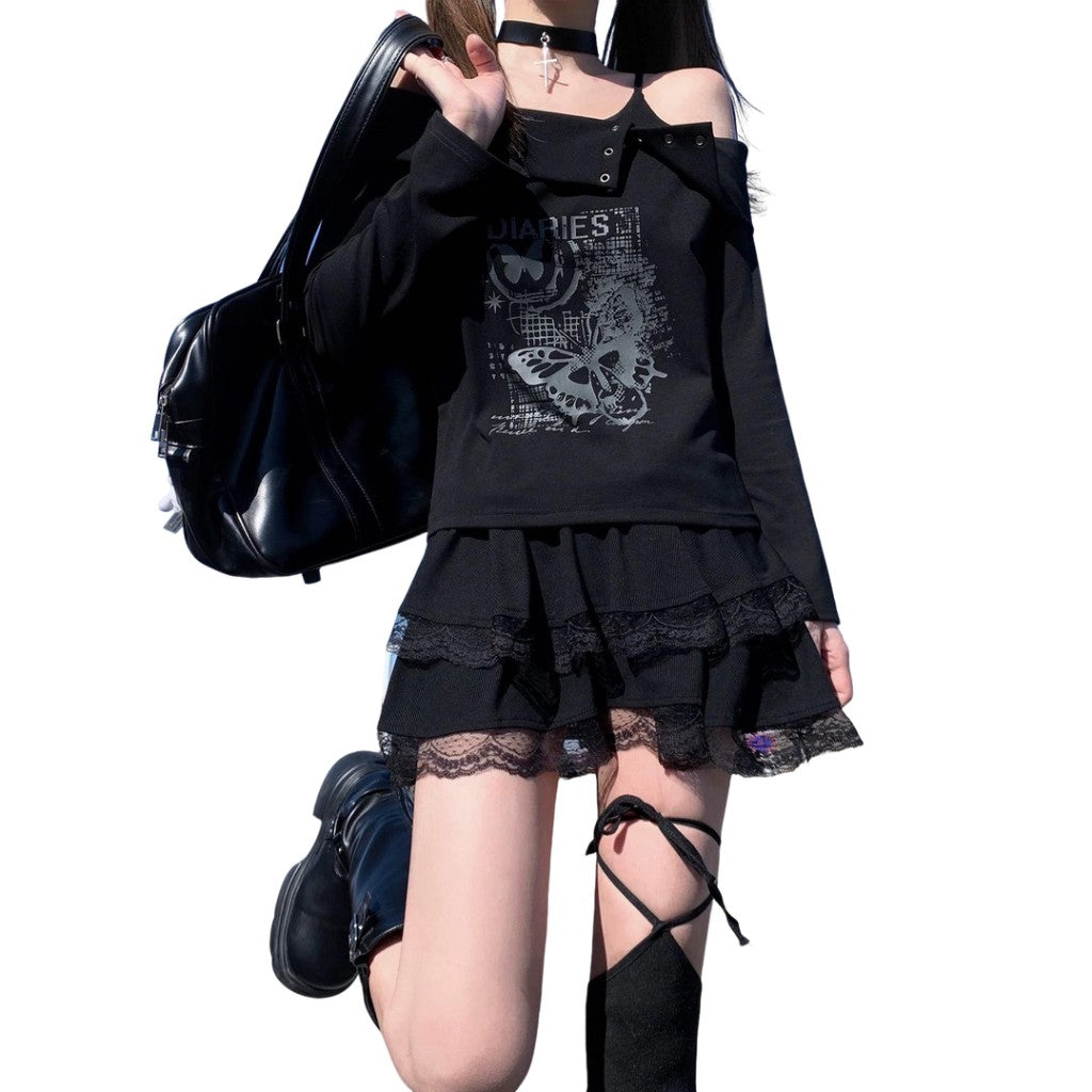 Gothic Off Shoulder Long Sleeve Top for Teens Slim Fit Black Blouse with Butterfly Print Y2K Sweet Punk Aesthetic