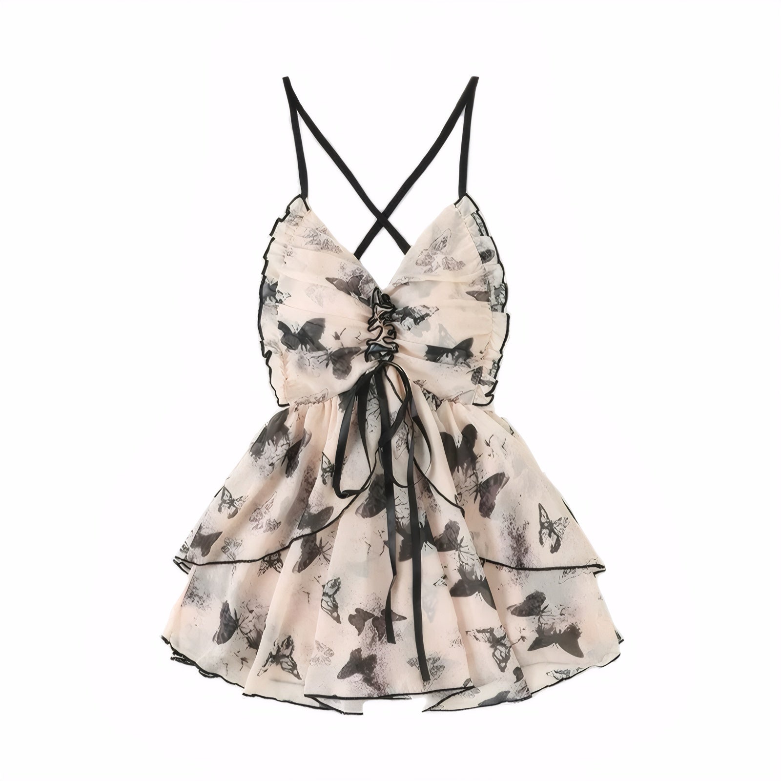 Front view of a Korean-style butterfly print one-piece swimsuit with ruffle trim and bow tie