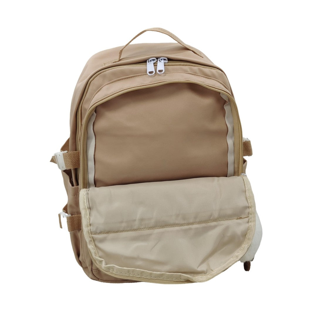 Caramel Brown Embroidered Backpack with Plush Charm Cartoon Pins Student School Bag