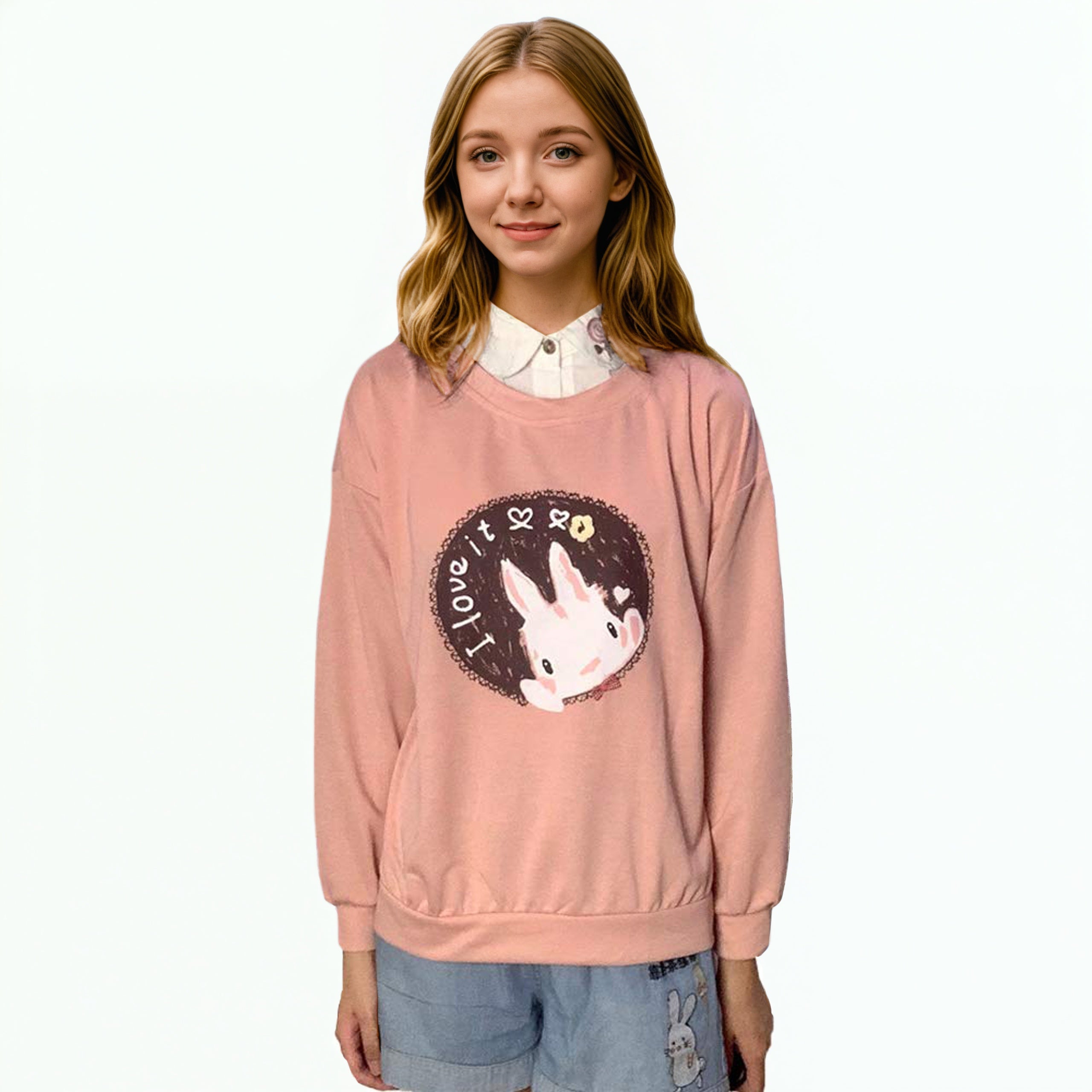 Pink sweatshirt with cartoon bunny print and white fake layered collar, kawaii style
