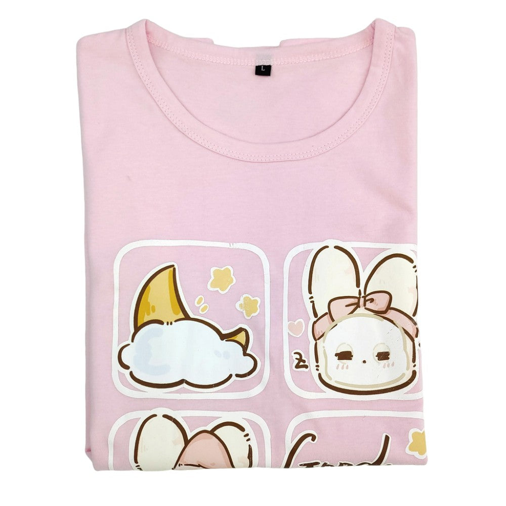 Pink Good Night Rabbit Graphic T-Shirt Cute Cartoon Sleepwear Style Top Cotton Short Sleeve